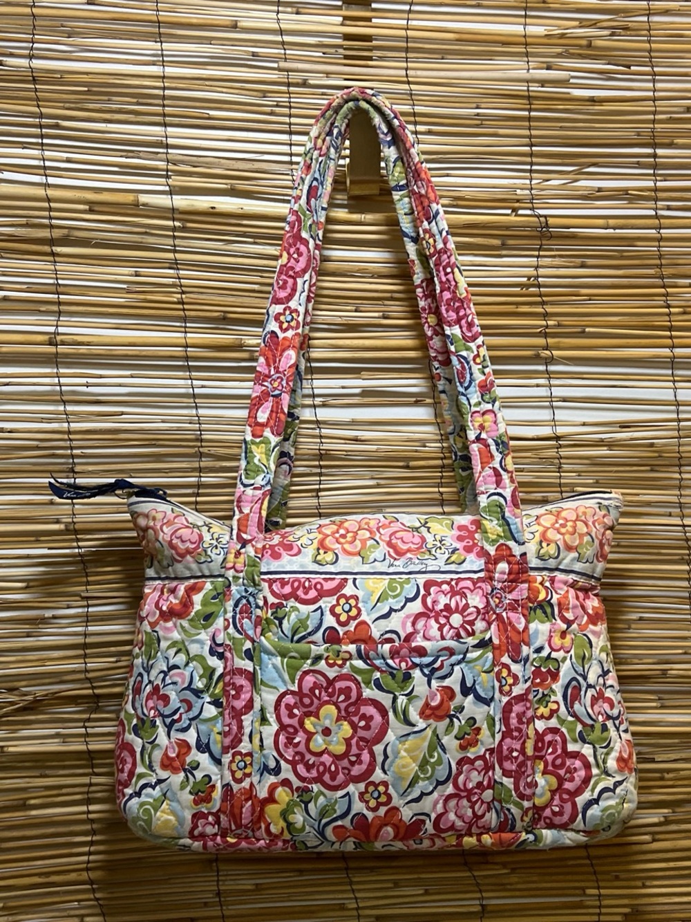 Vintage Vera Bradley Quilted Floral Shoulder Tote in Pink, Red, Yellow & Green